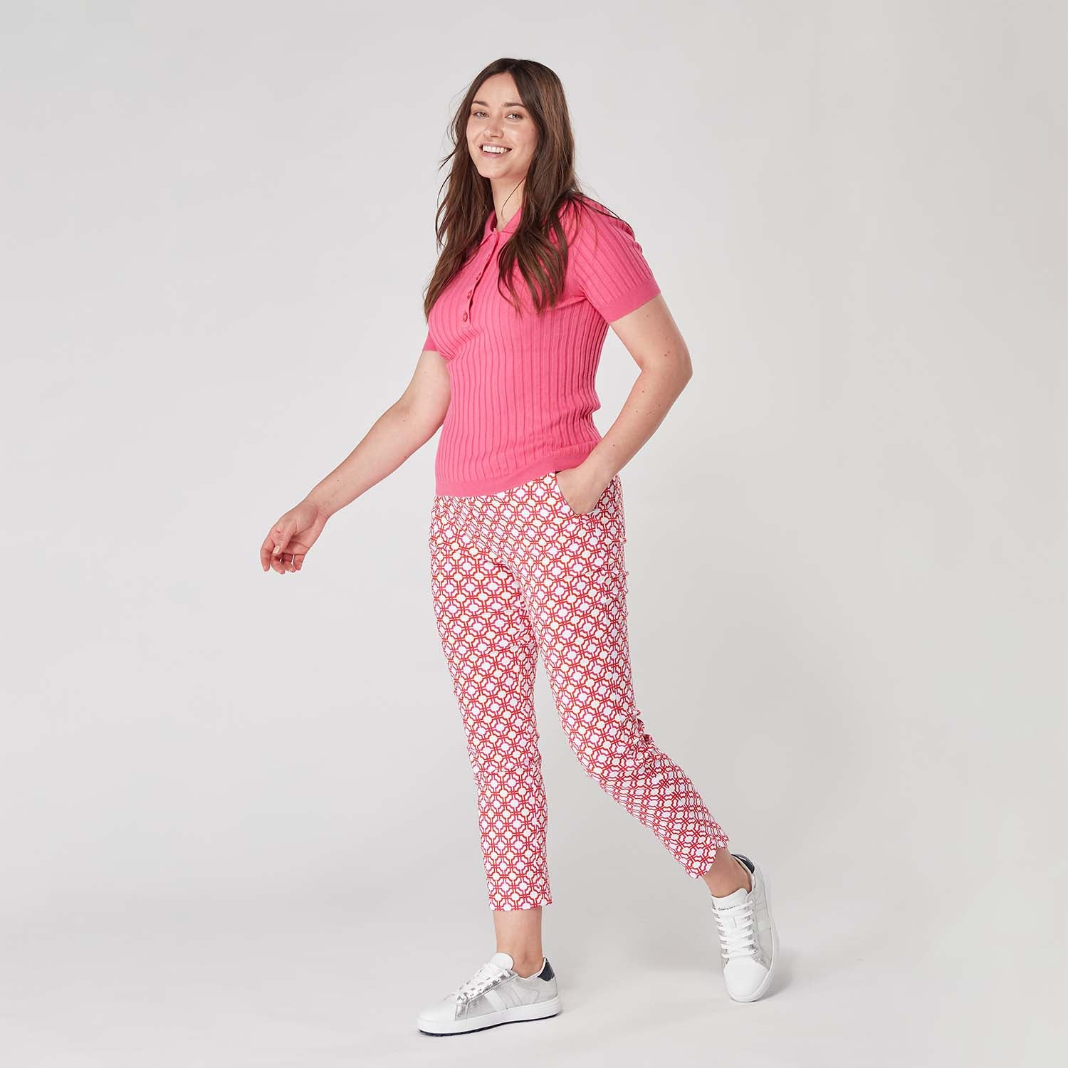 Swing Out Sister Ladies Lush Pink and Mandarin Mosaic Pattern 7/8 Trousers