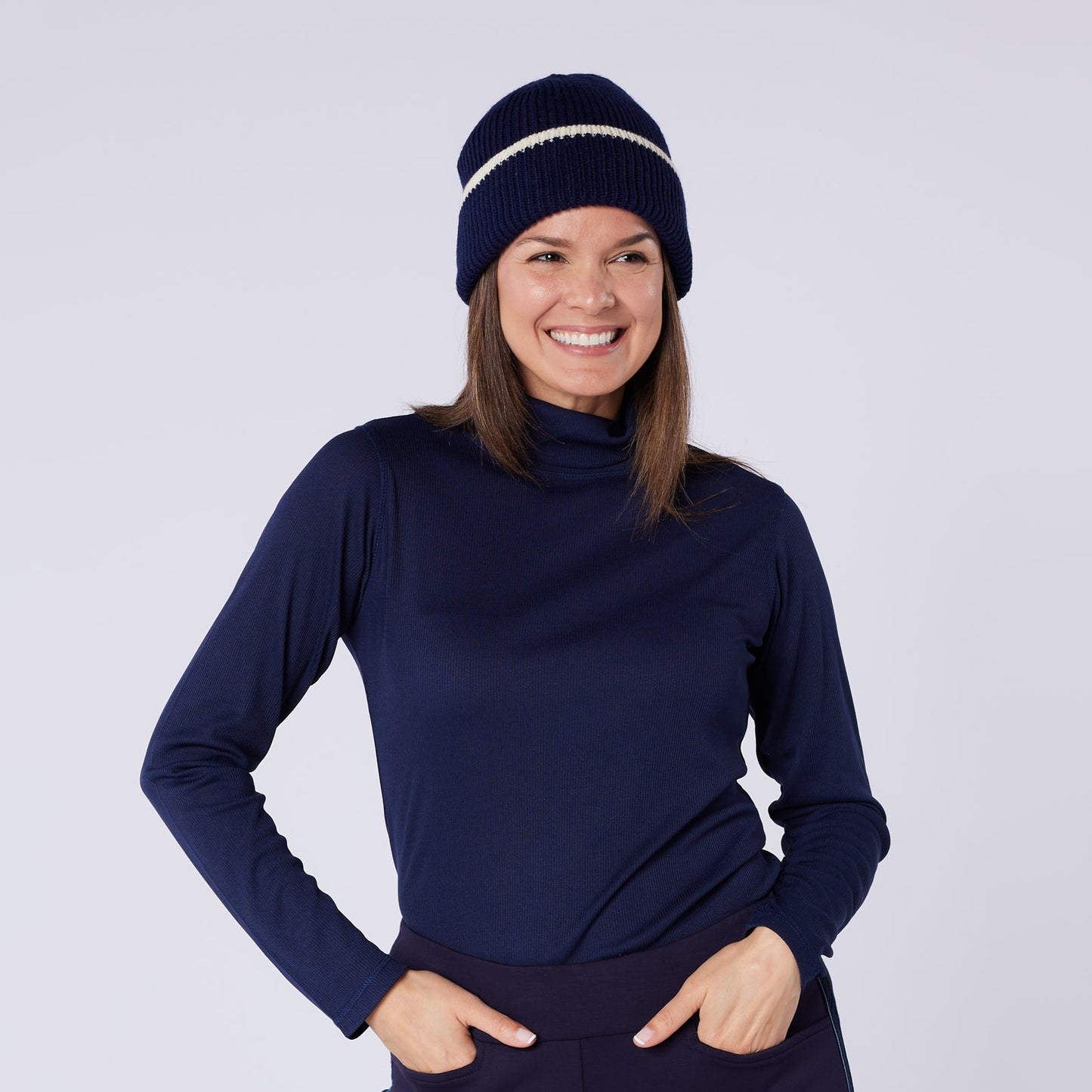 Swing Out Sister Ladies Soft-Stretch Ribbed Roll Neck in Navy