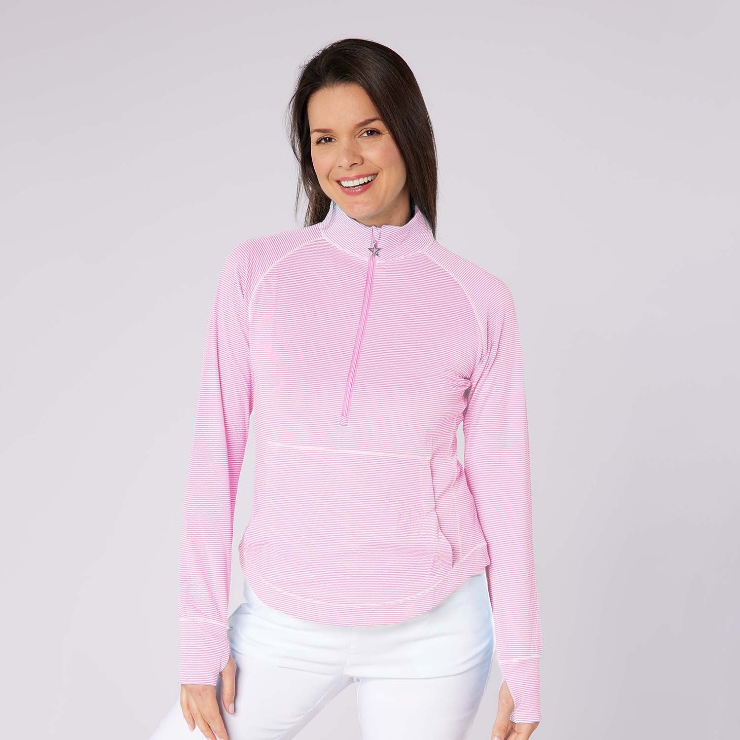 Swing Out Sister Womens Fine Stripe Zip-Neck Top with Front Pocket Great for Range to Course Wear