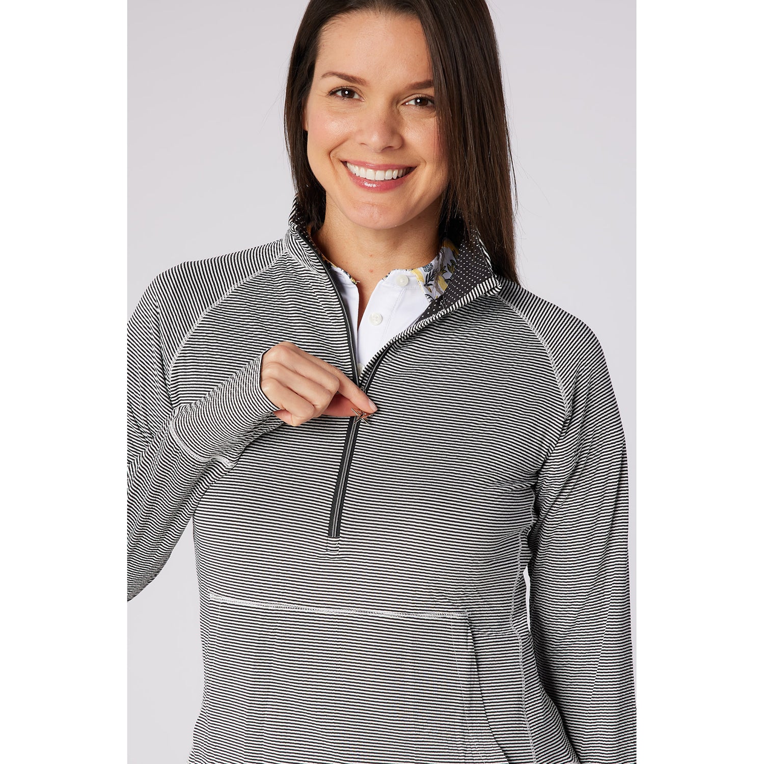 Swing Out Sister Womens Fine Stripe Zip-Neck Top with Front Pocket Great for Range to Course Wear