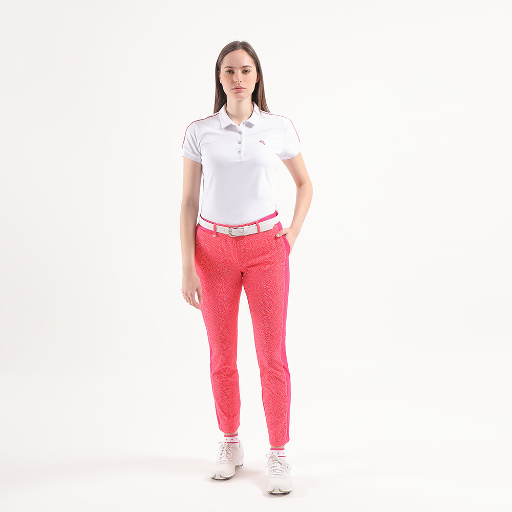 Chervo Ladies Print Detail Short Sleeve Polo in White & Clematis Pink