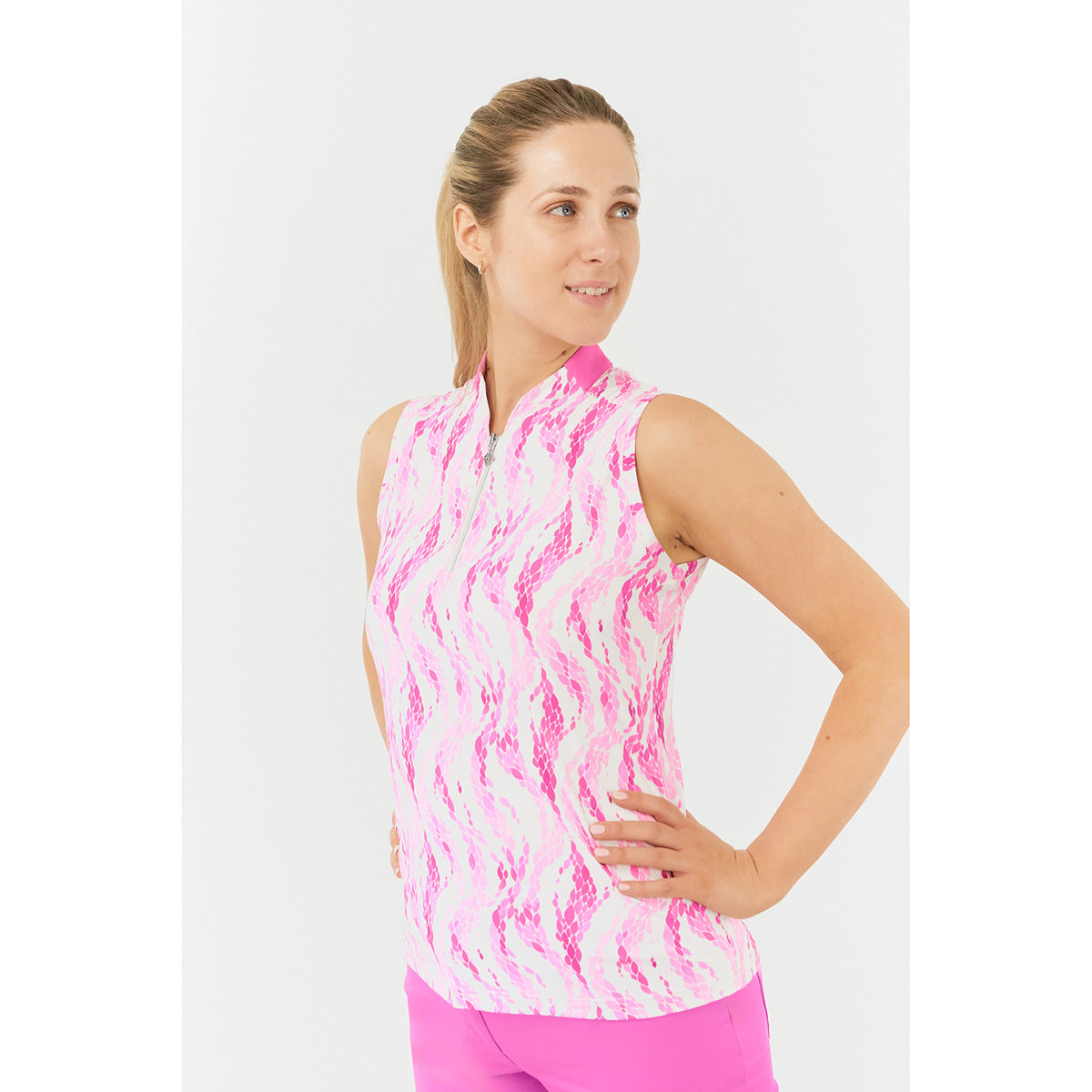 Pure Ladies Sleeveless Polo with Sweetheart Collar in Petal Print