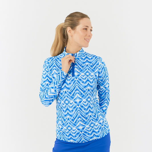 Pure Ladies Long Sleeve Golf Top in Aztec Style Print with Mesh Panels