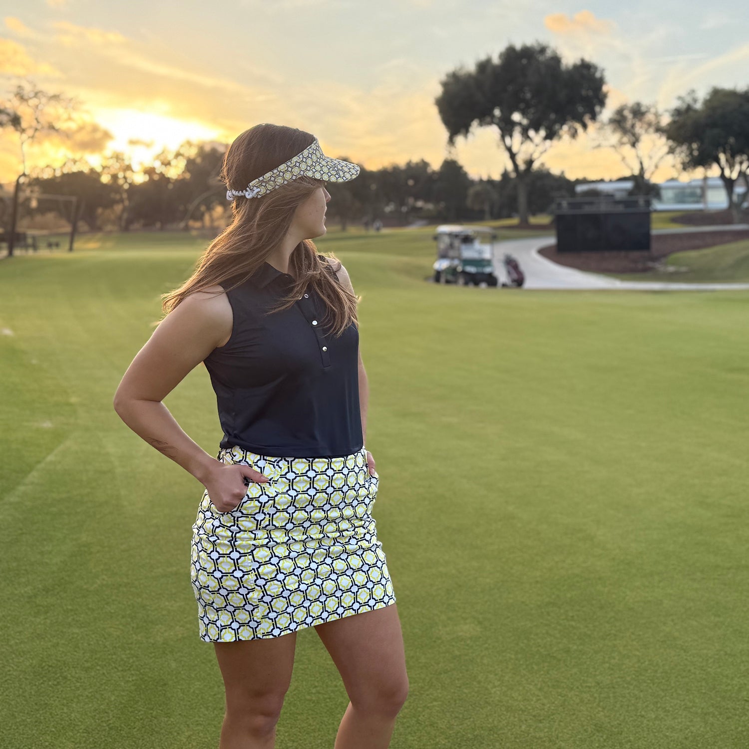 Swing Out Sister Ladies Pull-On Skort in Sunshine and Navy Mosaic Pattern