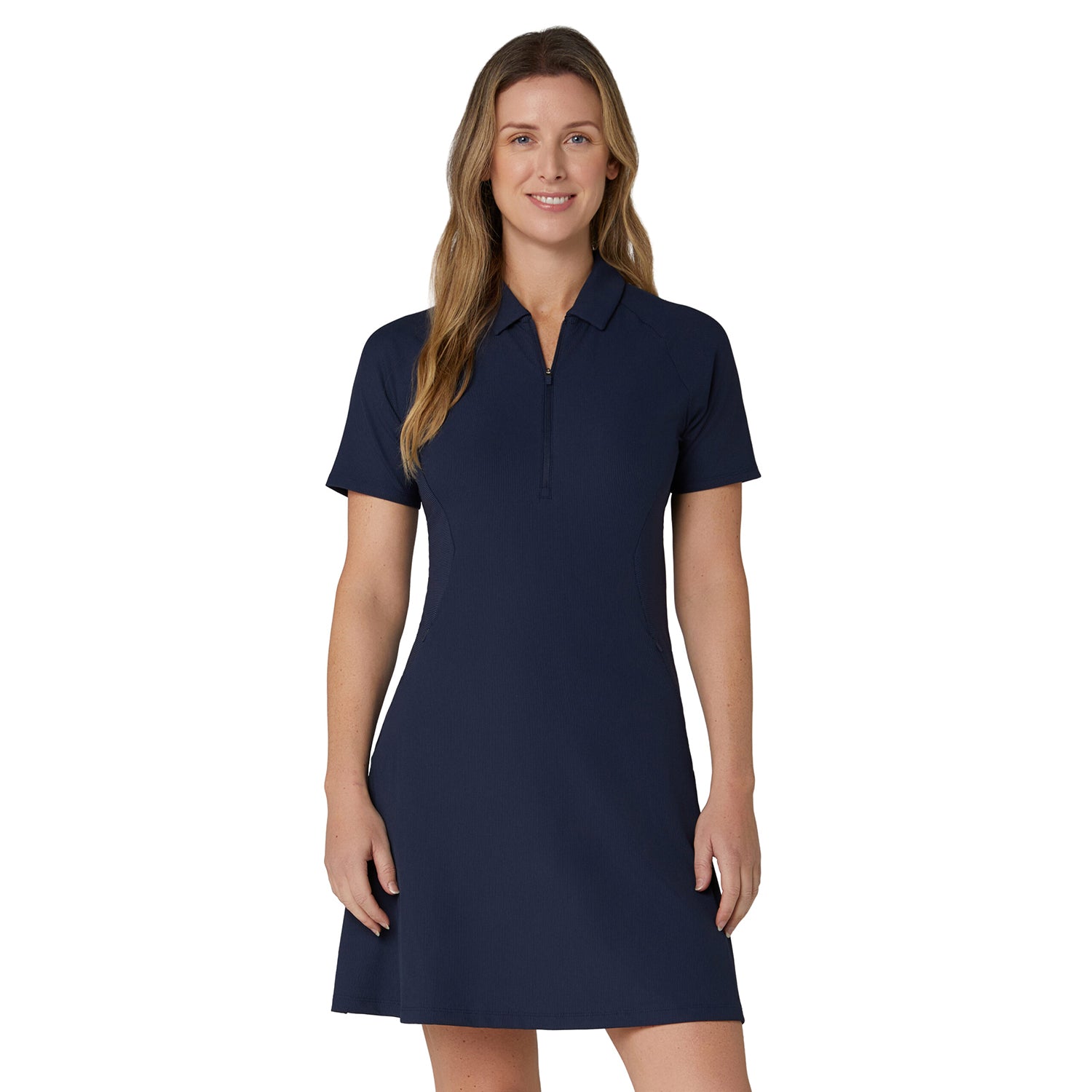 Callaway Ladies Navy Short Sleeve Ribbed Dress for a Sleek Silhouette with Performance Comfort