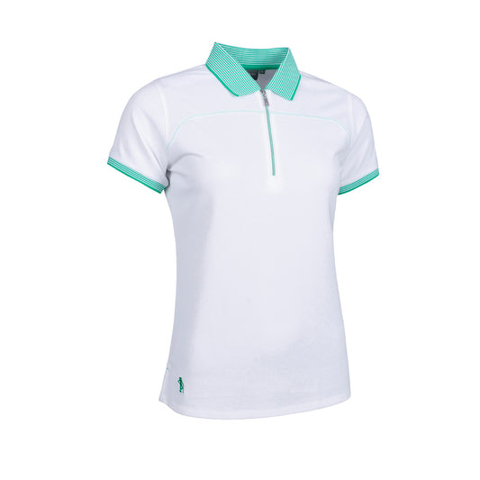 Glenmuir Short Sleeve Zip-Neck Pique Polo Shirt with UPF50 in White/Marine Green