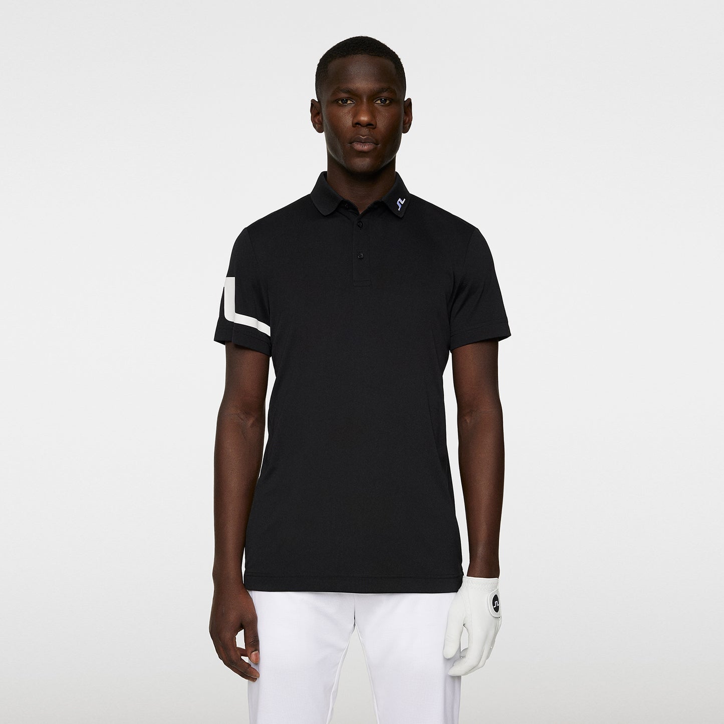 J.Lindeberg Mens Short Sleeve Polo with Bridge Print Sleeve in Black