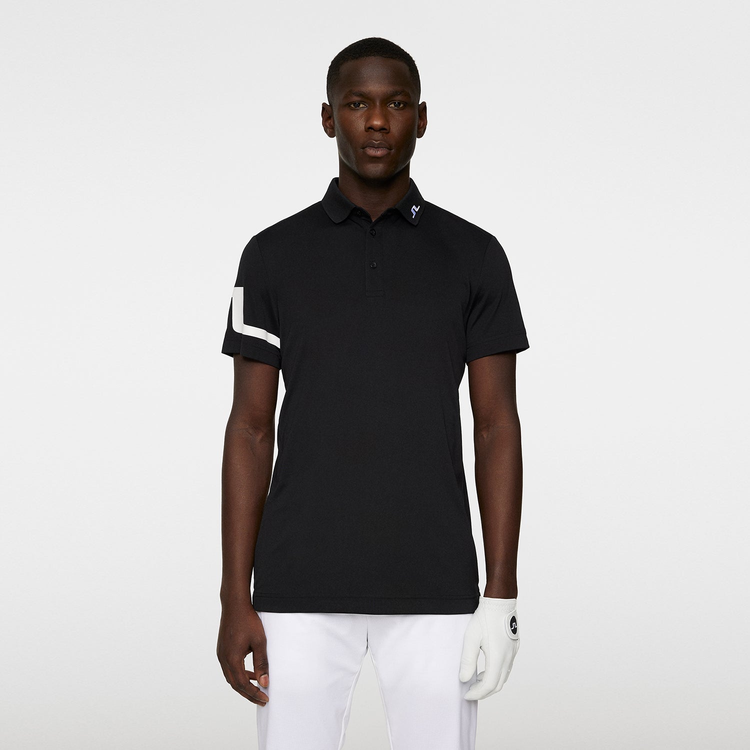 J.Lindeberg Mens Short Sleeve Polo with Bridge Print Sleeve in Black