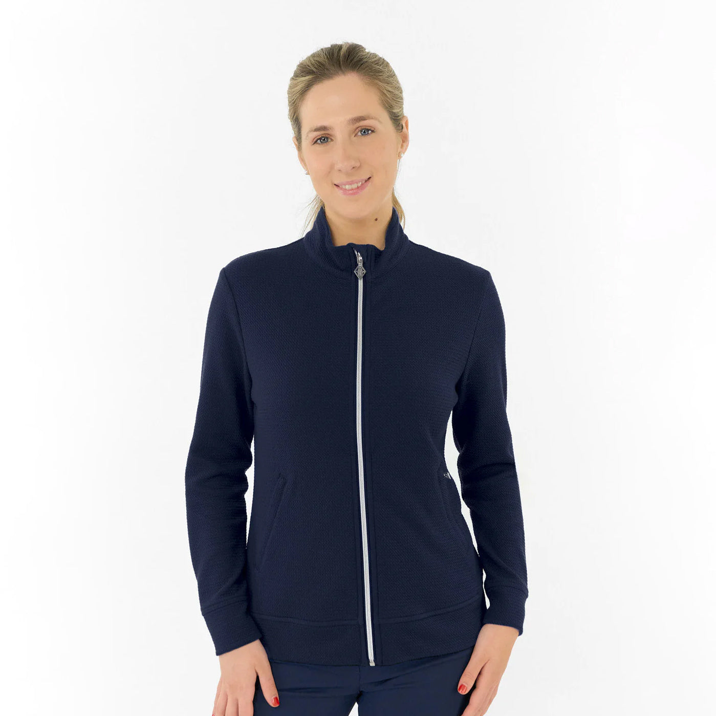 Pure Ladies Navy Textured Jacket – Refined Texture Meets All-Season Performance