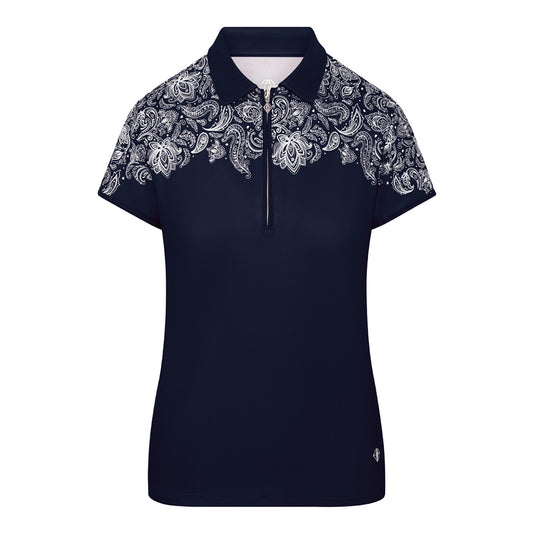 Pure Golf Ladies Cap Sleeve Zip-Neck Polo in Navy & Paisley Print
