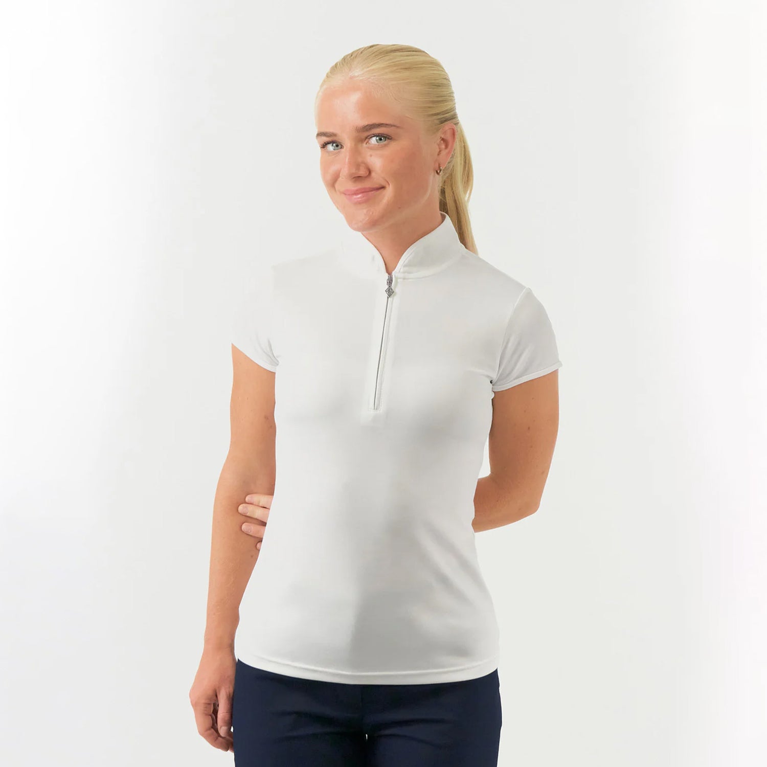 Pure Golf Ladies Cap Sleeve Mandarin Polo Shirt in White