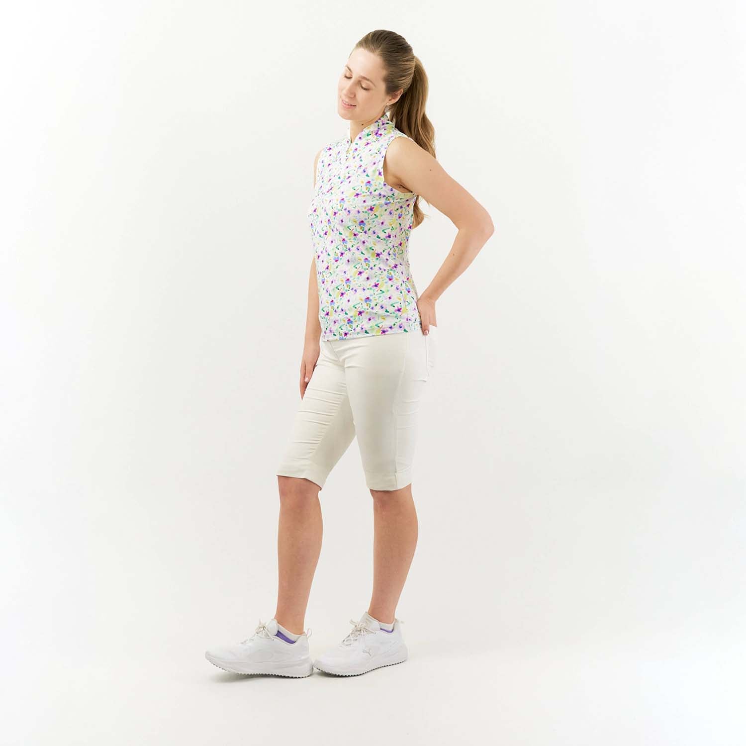 Pure Ladies Sleeveless Zip Neck Golf Top in Ethereal Bouquet Print