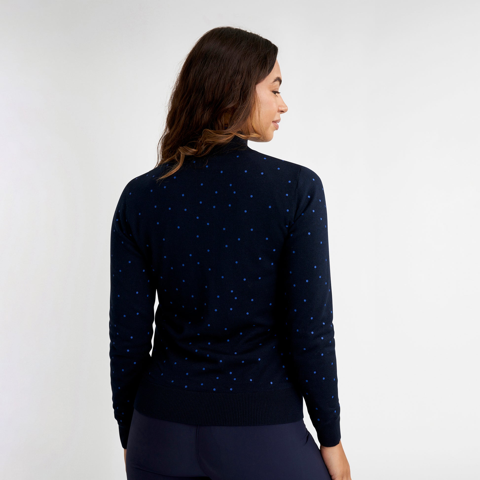 Green Lamb Ladies Full-Zip Lined Cashmere Blend Cardigan in Navy Polka Dot