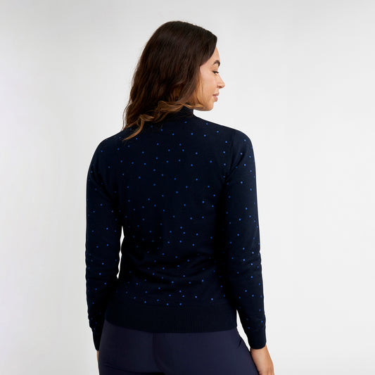 Green Lamb Ladies Full-Zip Lined Cashmere Blend Cardigan in Navy Polka Dot