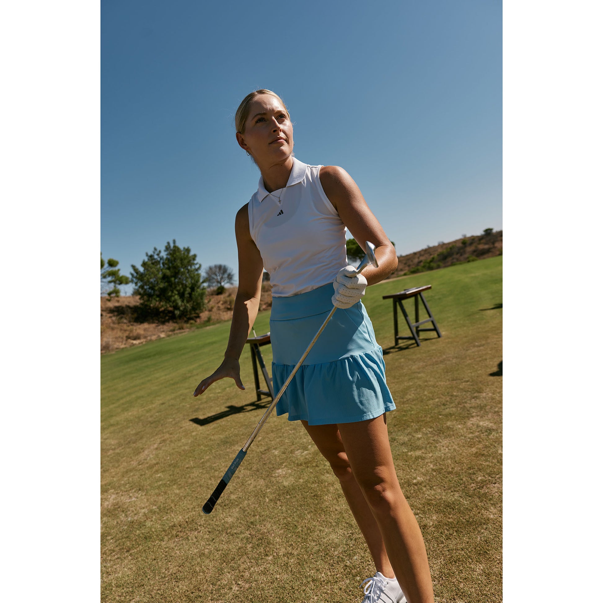 adidas Ladies Deep-Frilled Golf Skort in Semi Blue Burst