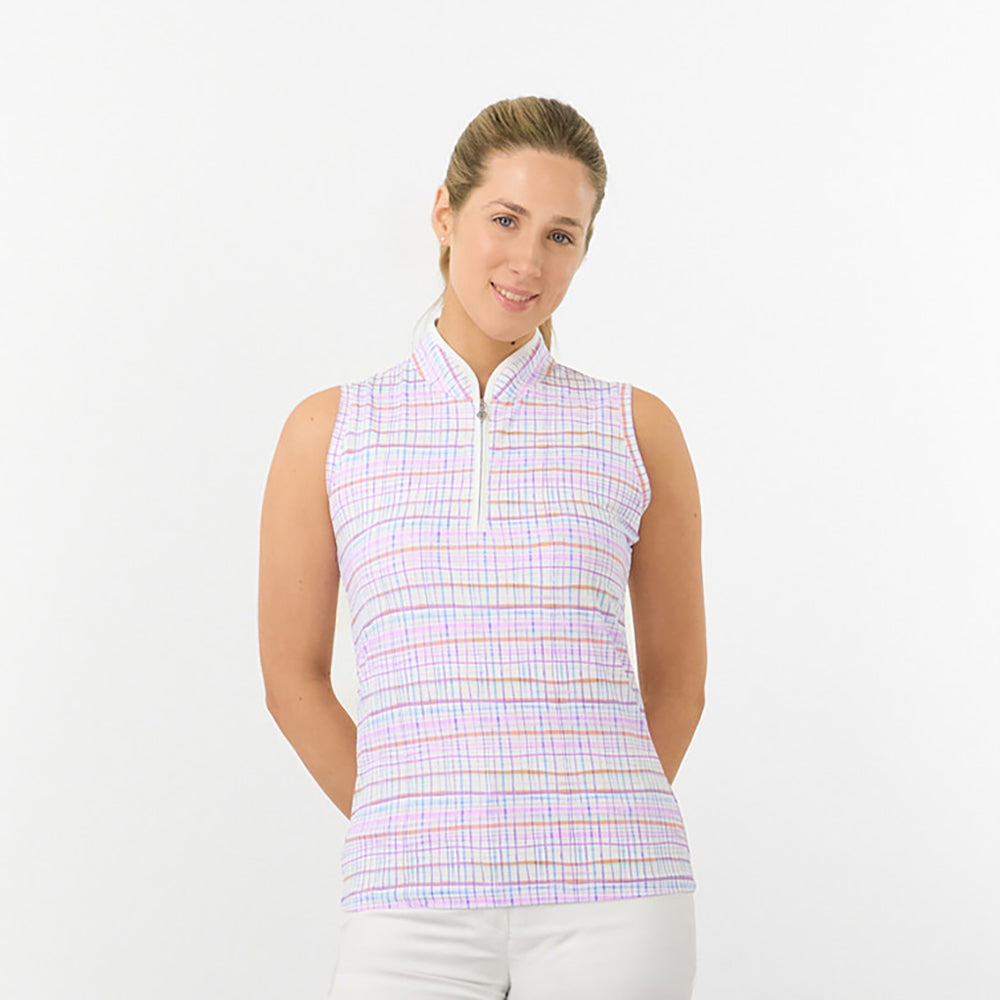 Pure Golf Ladies Sleeveless Polo Shirt in Pastel Check Print