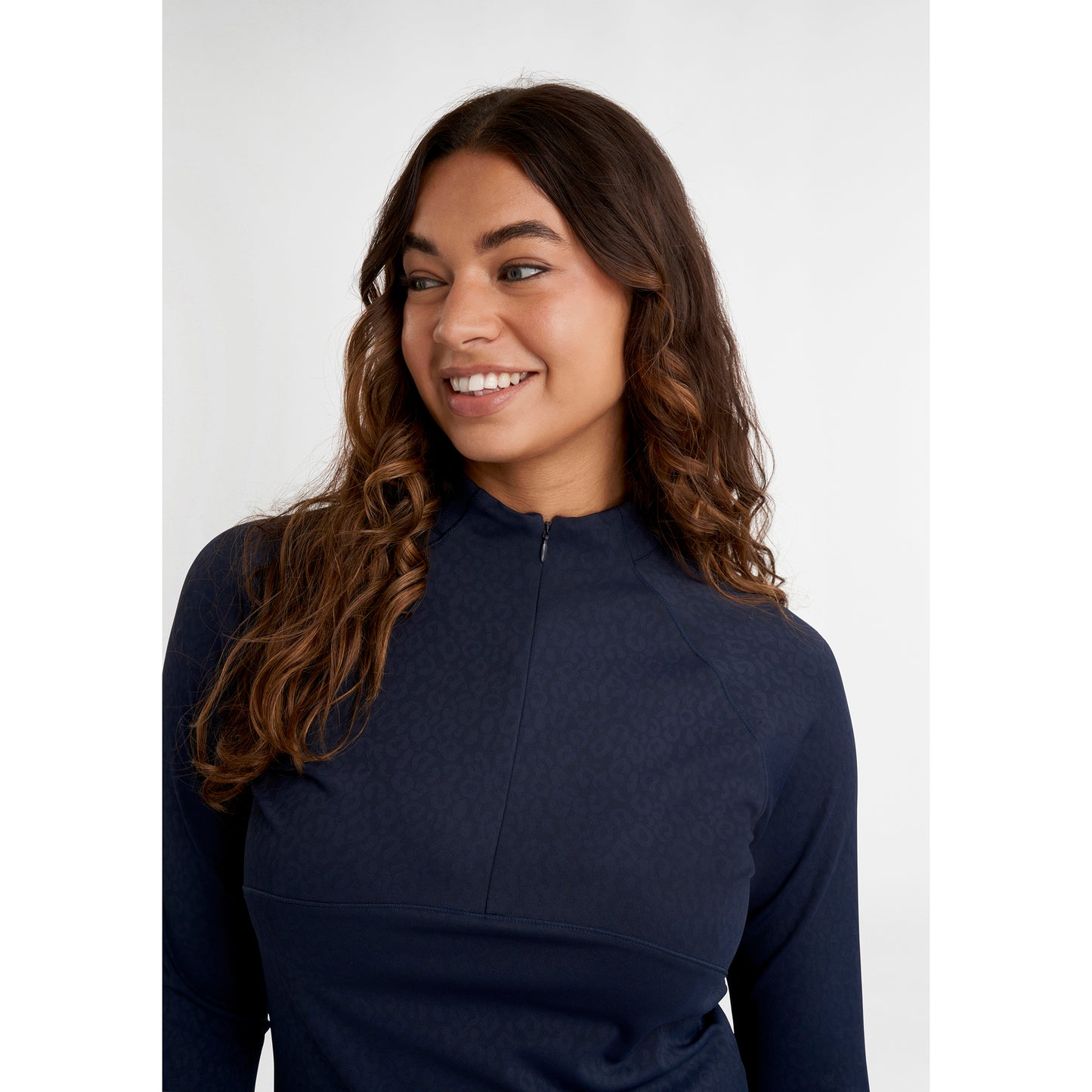 Green Lamb Ladies Lightweight 1/4 Zip Top with Jacquard Leopard Print in Navy