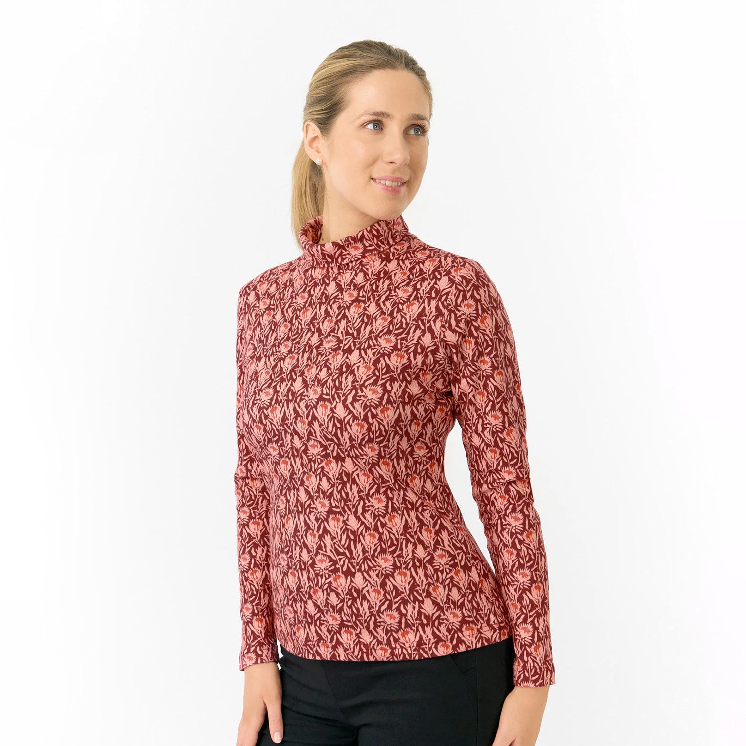 Pure Ladies Brushed-Backed Roll Neck with Autumnal Floral Print
