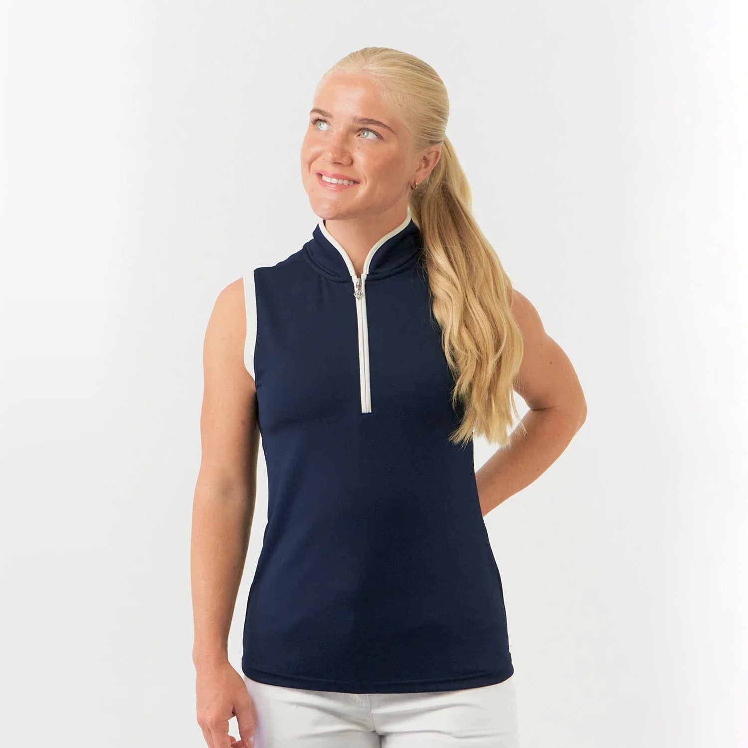 Pure Golf Ladies Sleeveless Mandarin Polo Shirt in Navy