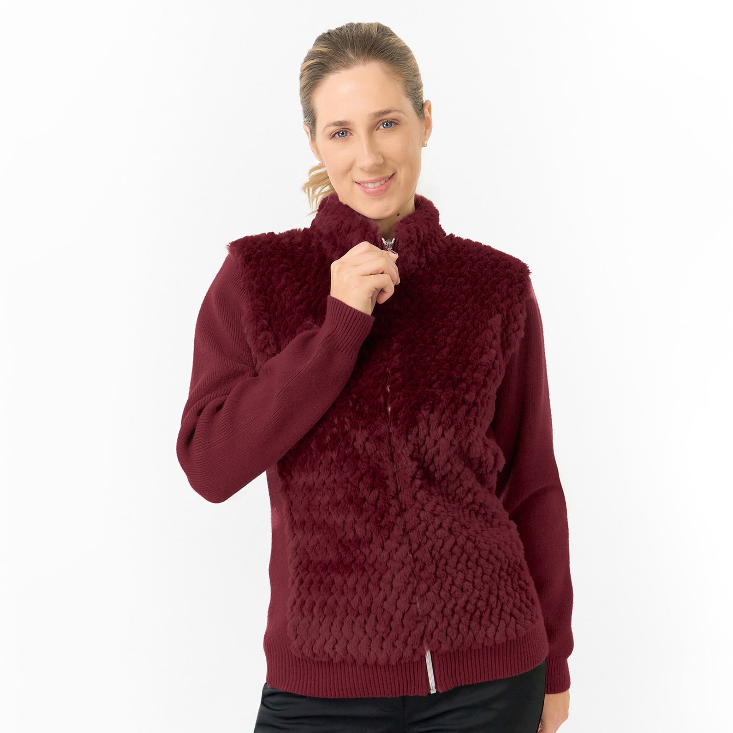 Pure Golf Ladies Faux Fur Full-Zip Cardigan with Stretch Sleeves