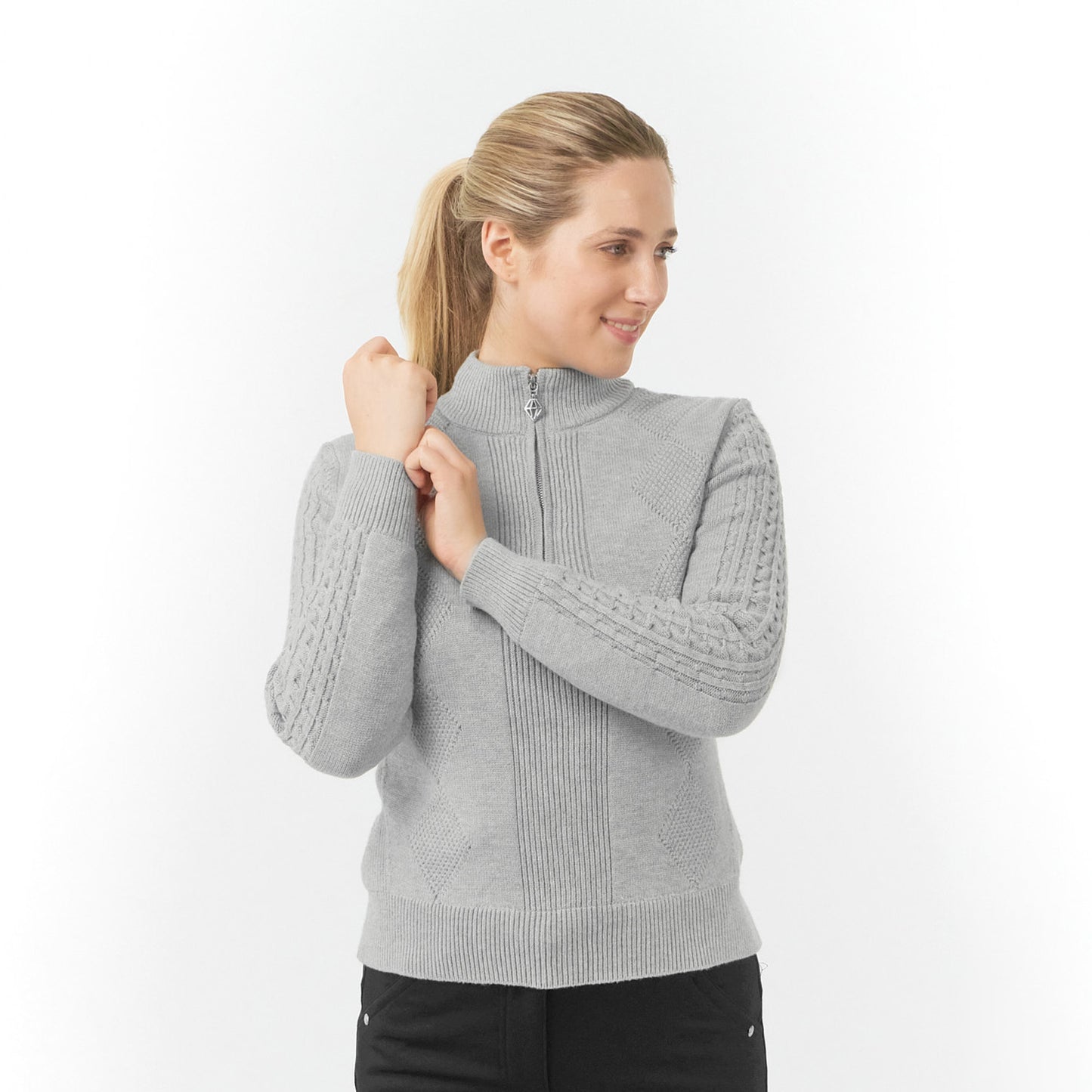 Pure Ladies Lined Zip-Neck Golf Sweater with Cable Knit Design