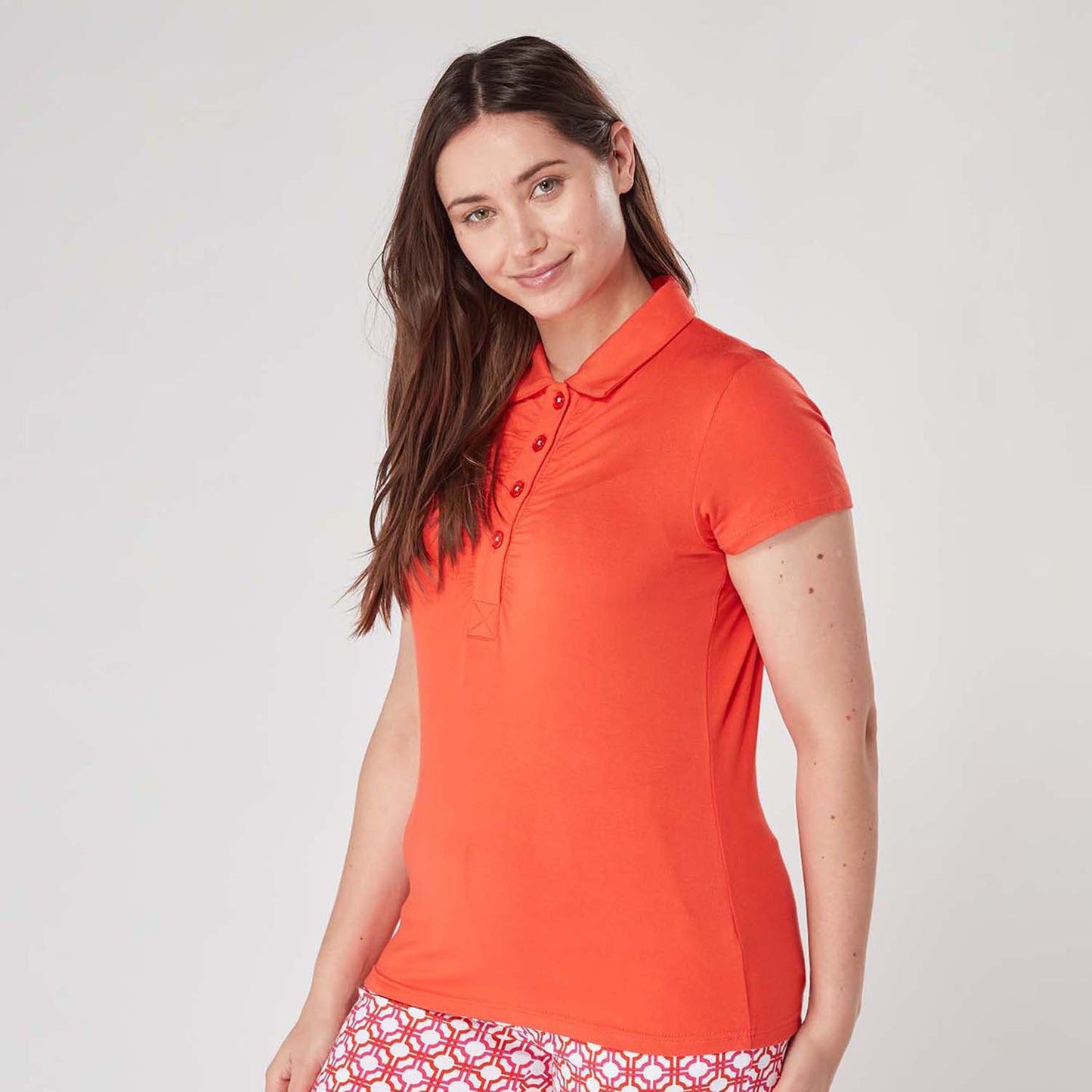 Swing Out Sister Ladies Ultra-Soft Stretch Short Sleeve Polo in Mandarin