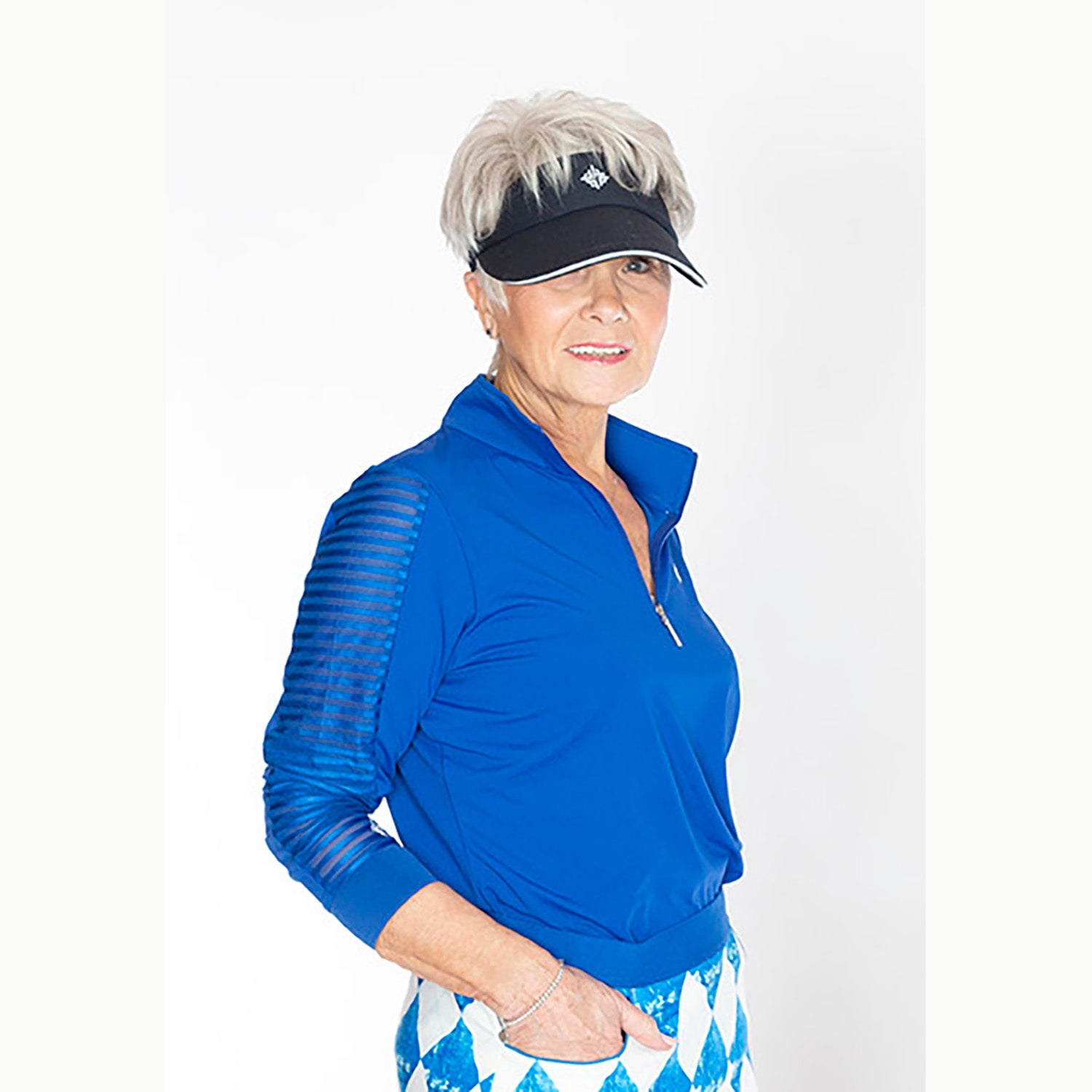 FAMARA Ladies Long Sleeve Cobalt Blue Top with Sheer Striped Sleeves