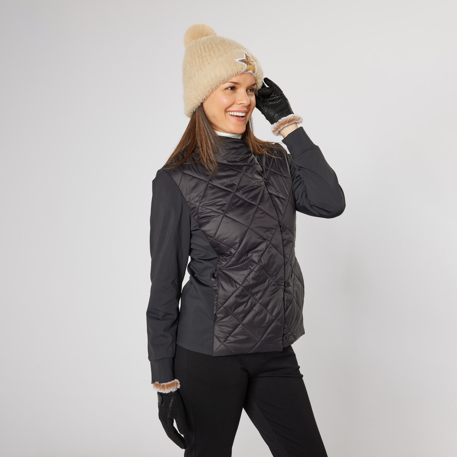 Swing Out Sister Ladies Quilted Hybrid Jacket with Lightweight Insulation in Black