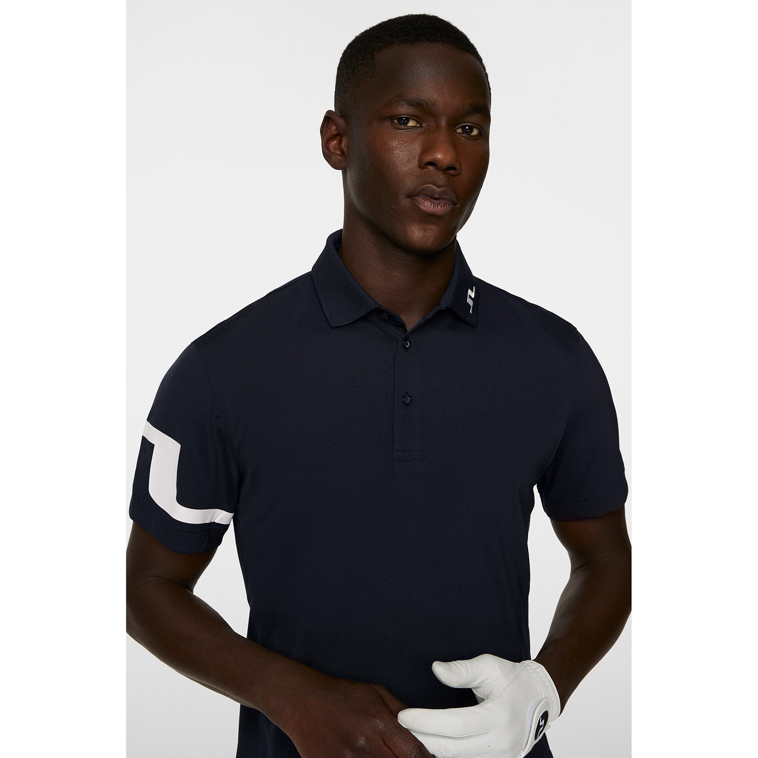 J.Lindeberg Mens Short Sleeve Polo with Bridge Print Sleeve in Navy