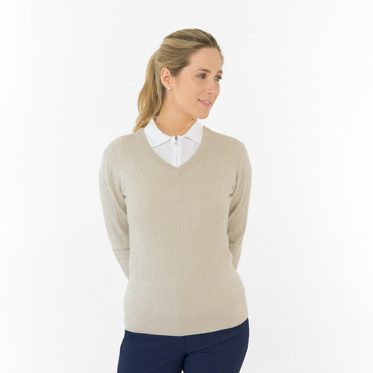 Pure Ladies Cable Knit V-Neck Golf Sweater – Classic Elegance for Confident Play