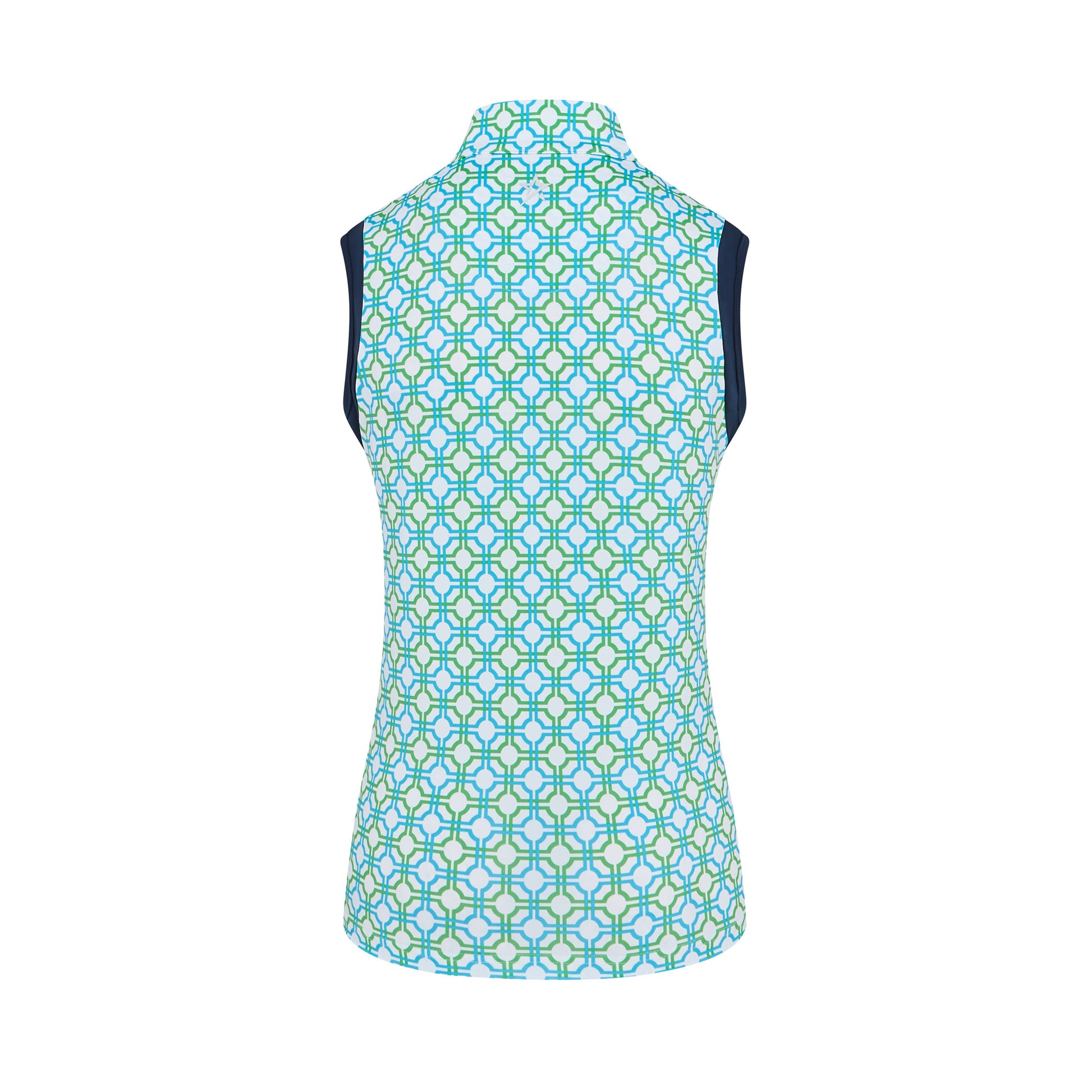 Swing Out Sister Ladies Sleeveless Zip-Neck Polo in Dazzling Blue and Emerald Mosaic Pattern