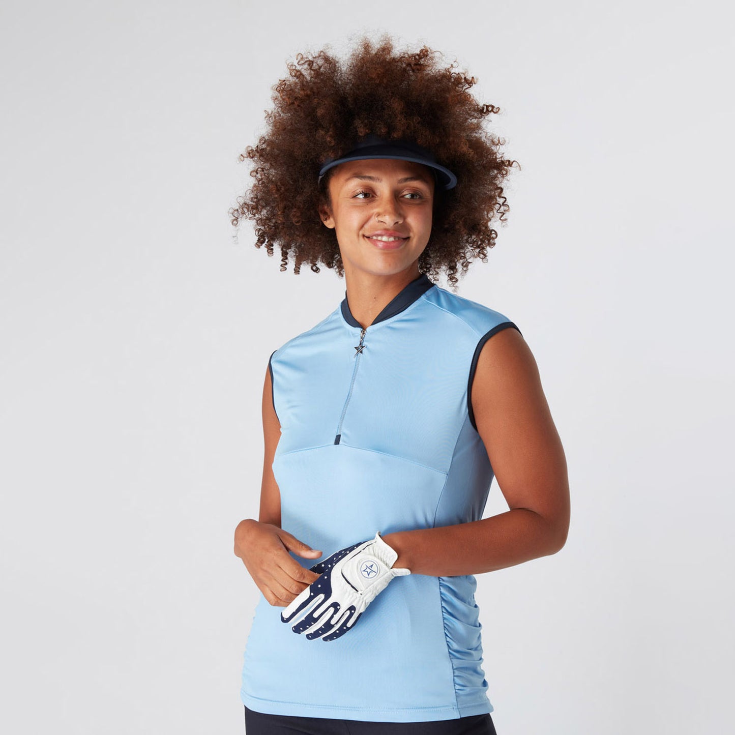 Swing Out Sister Ladies Cap Sleeve Polo with Ruched detail in Tranquil Blue