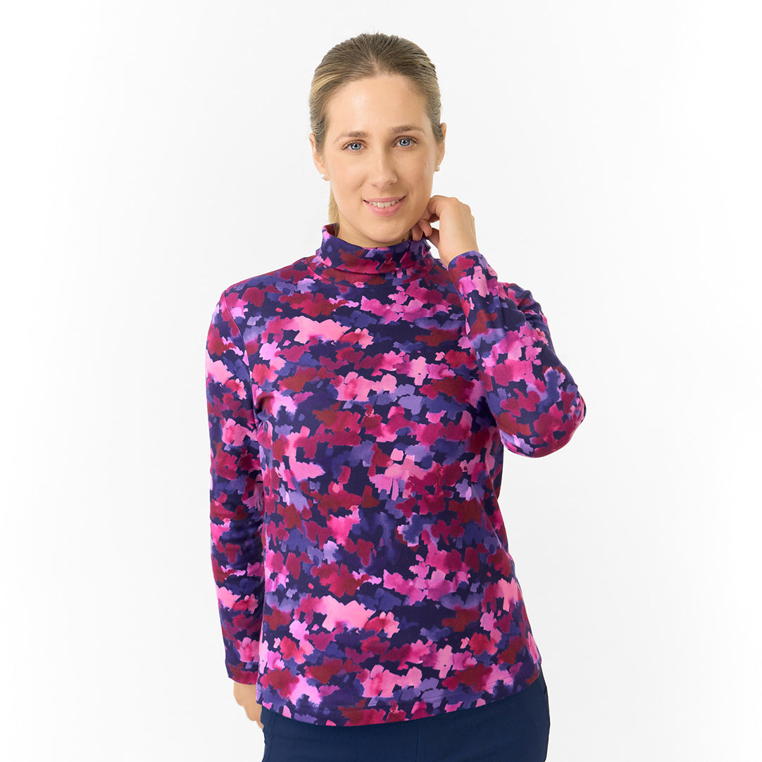 Pure Ladies Brushed-Backed Roll Neck in Abstract Watercolour Print