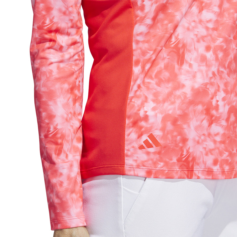 adidas Ladies Long Sleeve Printed Mock Neck Golf Top in Bright Red