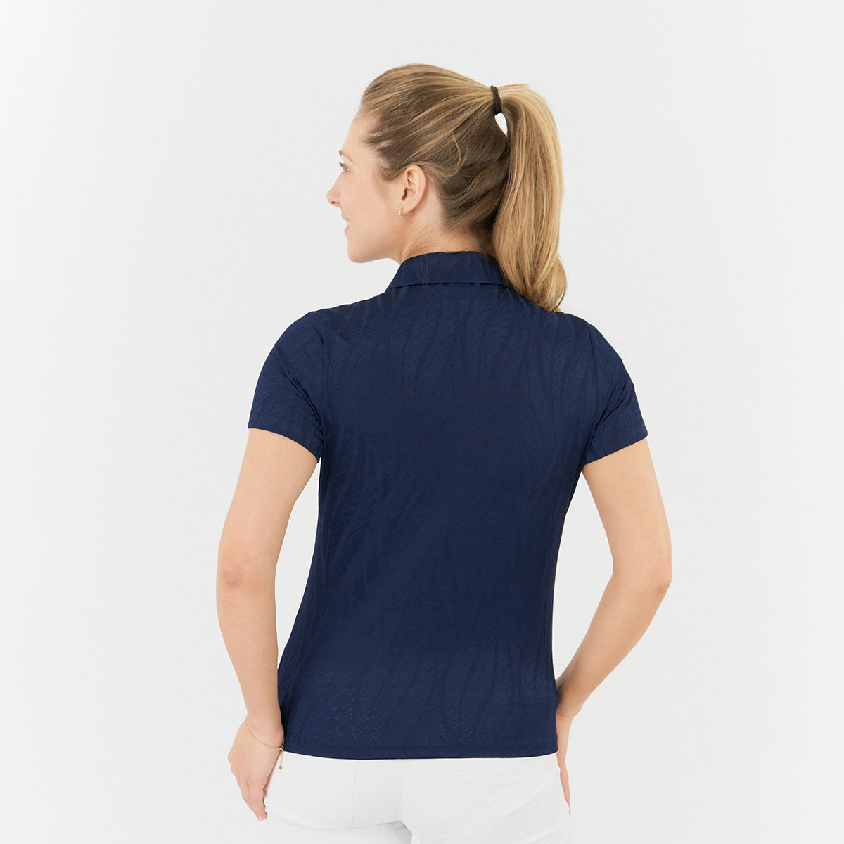 Pure Golf Ladies Jacquard Fern Print Polo in Navy