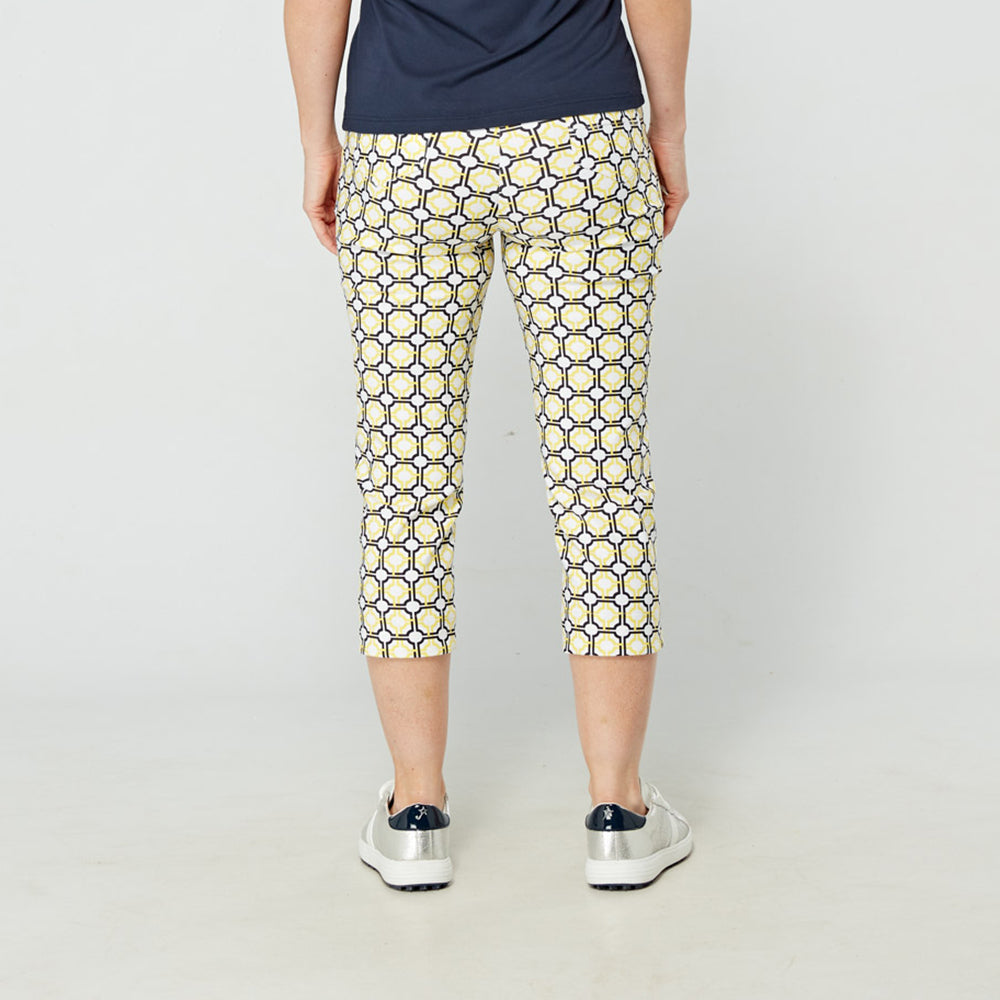 Swing Out Sister Women's Pull-On Capris in Navy and Sunshine with Mosaic Pattern