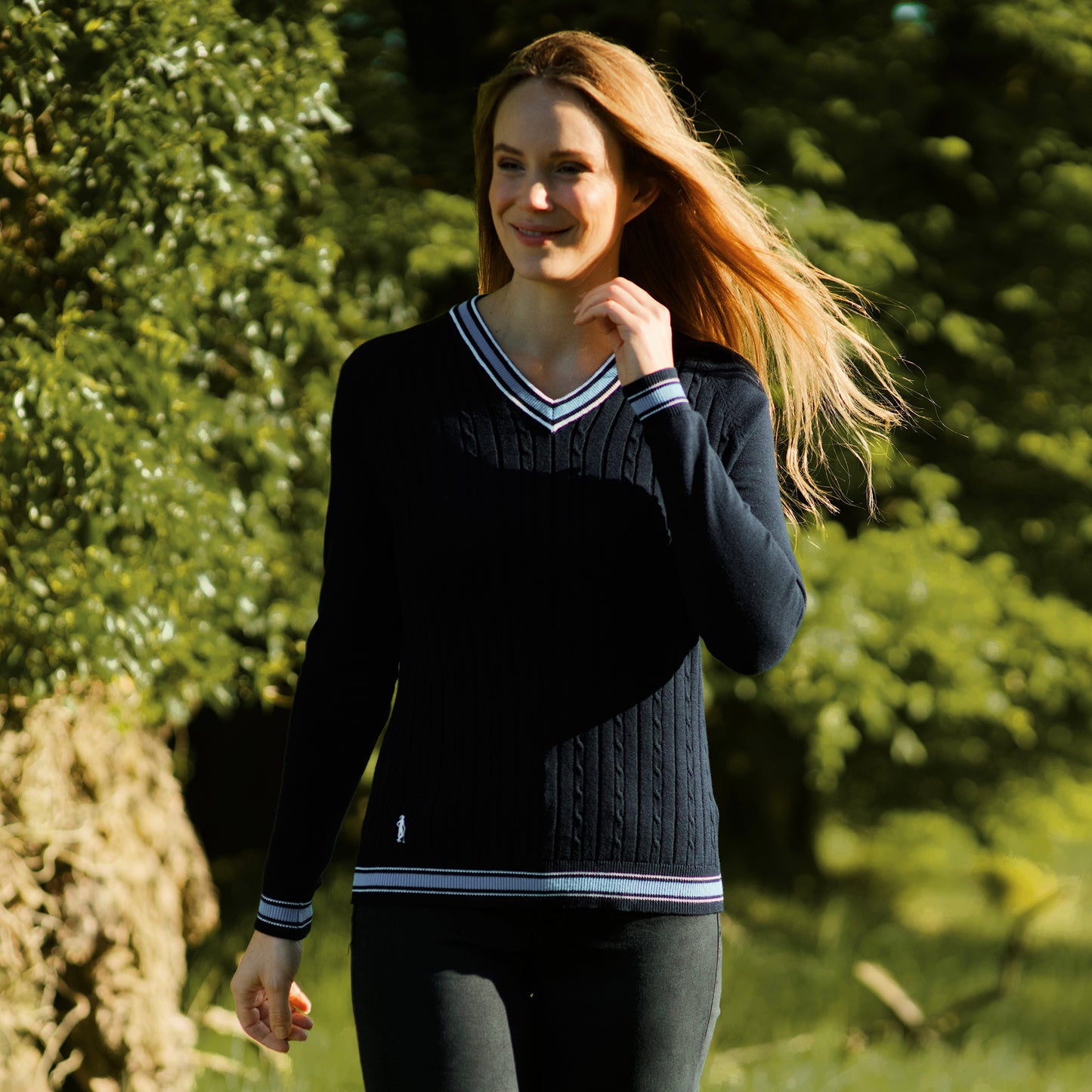 Glenmuir Ladies Navy Cable Knit Sweater with Contrast Trim