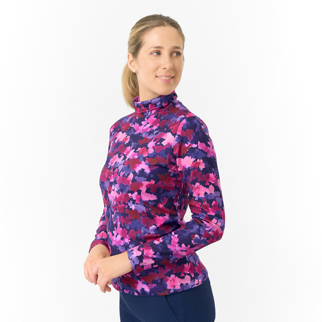Pure Ladies Brushed-Backed Roll Neck in Abstract Watercolour Print