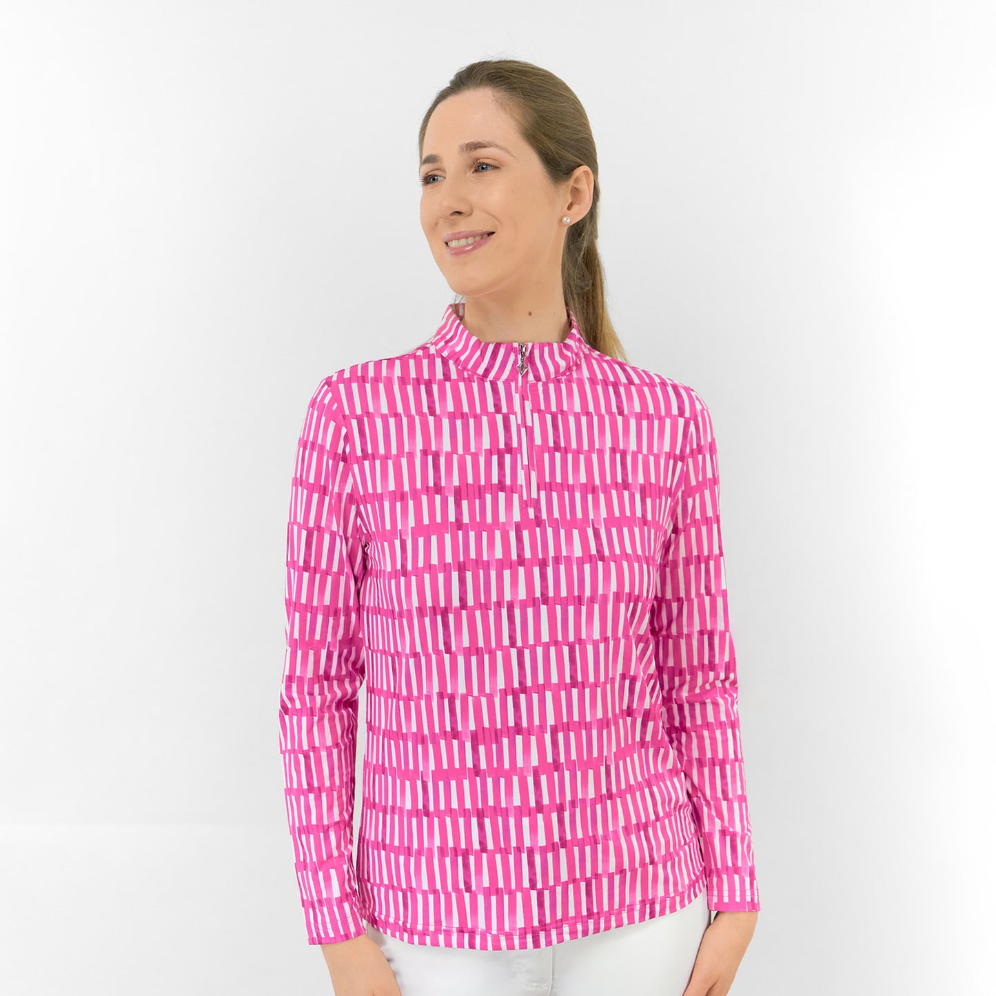Pure Ladies Long Sleeve Top in Geometric Stripe Lattice for Effortless Style & All-Day Comfort
