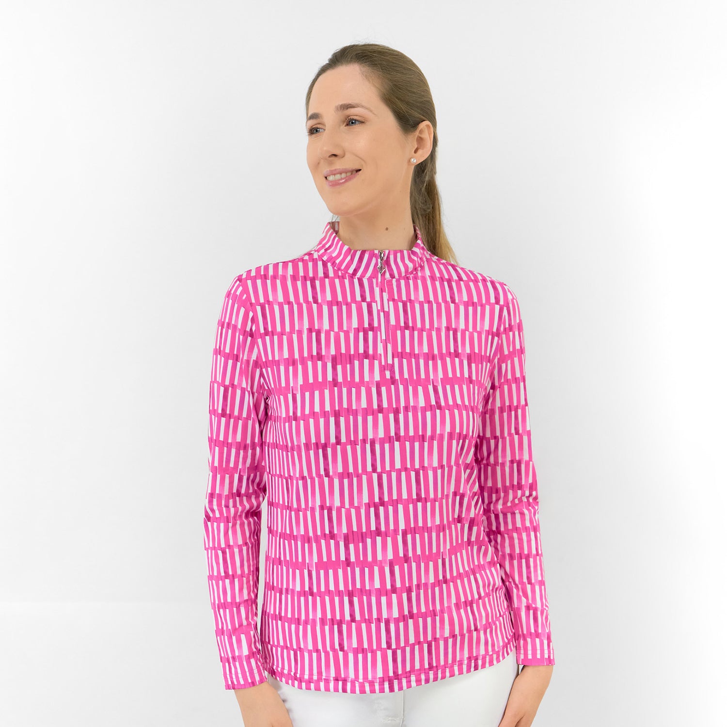 Pure Ladies Long Sleeve Top in Geometric Stripe Lattice for Effortless Style & All-Day Comfort