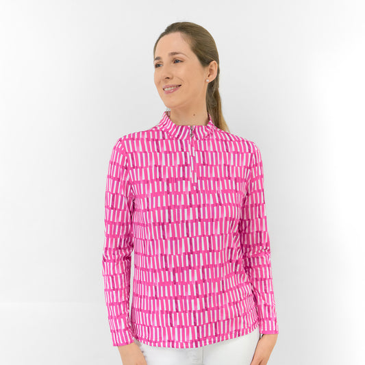 Pure Ladies Long Sleeve Top in Geometric Stripe Lattice for Effortless Style & All-Day Comfort