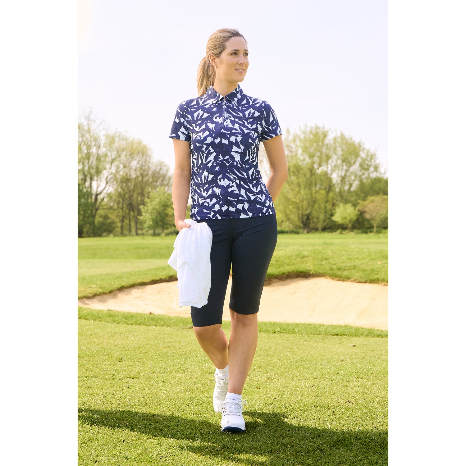 Pure Golf Ladies Short Sleeve Polo in Botanical Navy Print