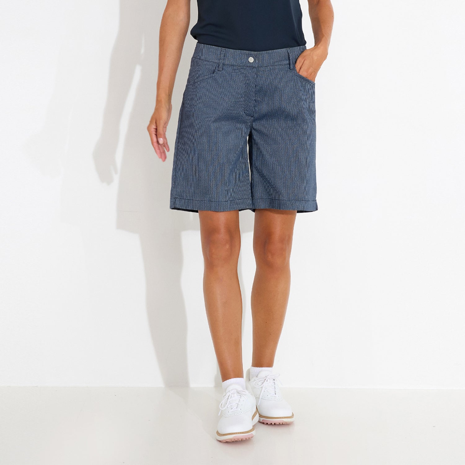Abacus Ladies Wide Leg Navy Pinstripe Shorts - Effortless Style & Performance 