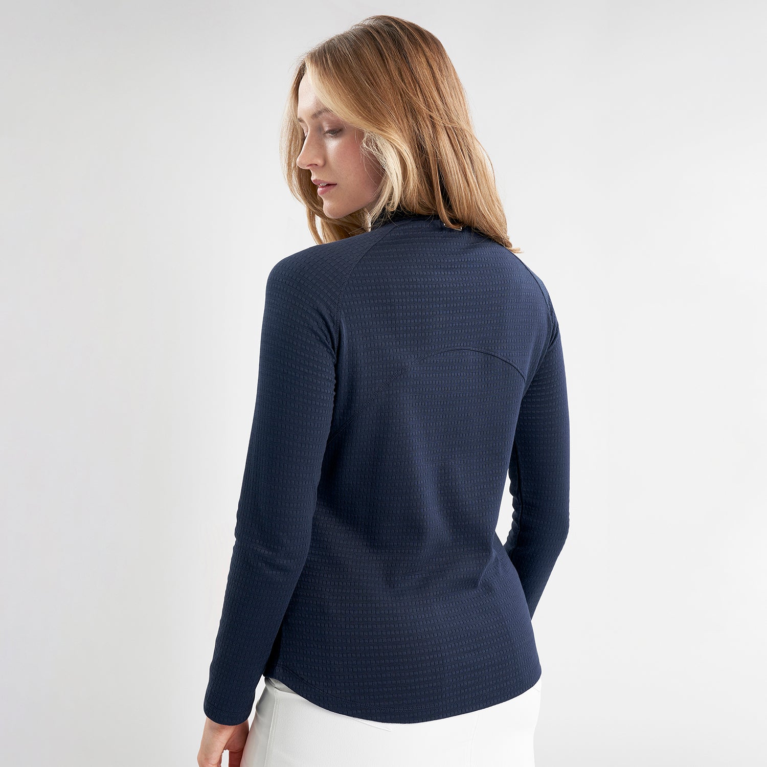 Green Lamb Ladies Zip Neck Top with Textured Finish in Navy