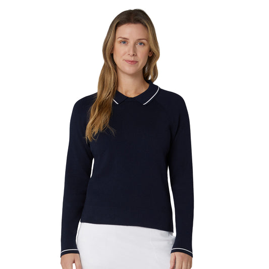 Callaway Ladies Smart Ribbed Sweater in Navy with Attached Collar For A Standout Look
