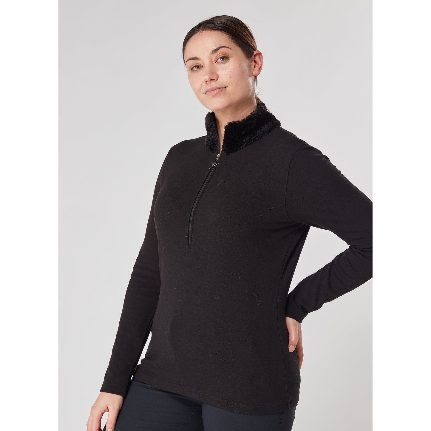 Swing Out Sister Womens 1/4 Zip Top with Faux Fur Collar in Black