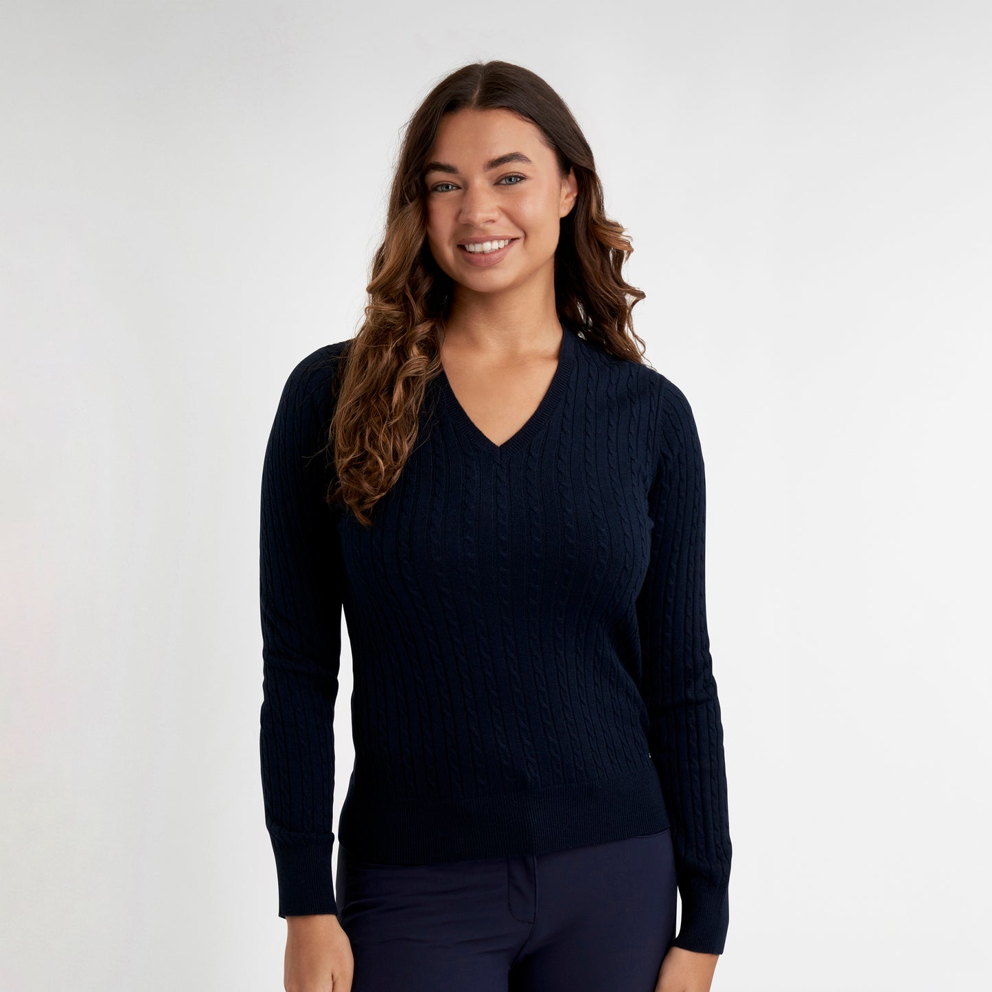 Green Lamb Ladies Cashmere Blend V-Neck Cable Knit Sweater in Navy