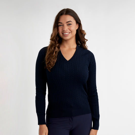 Green Lamb Ladies Cashmere Blend V-Neck Cable Knit Sweater in Navy