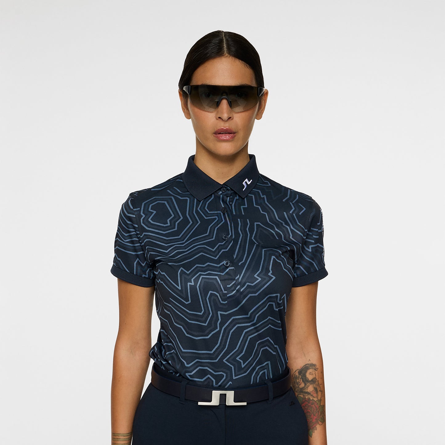 J.Lindeberg Ladies Short Sleeve Tour Tech Print Polo in Navy with Contour Print
