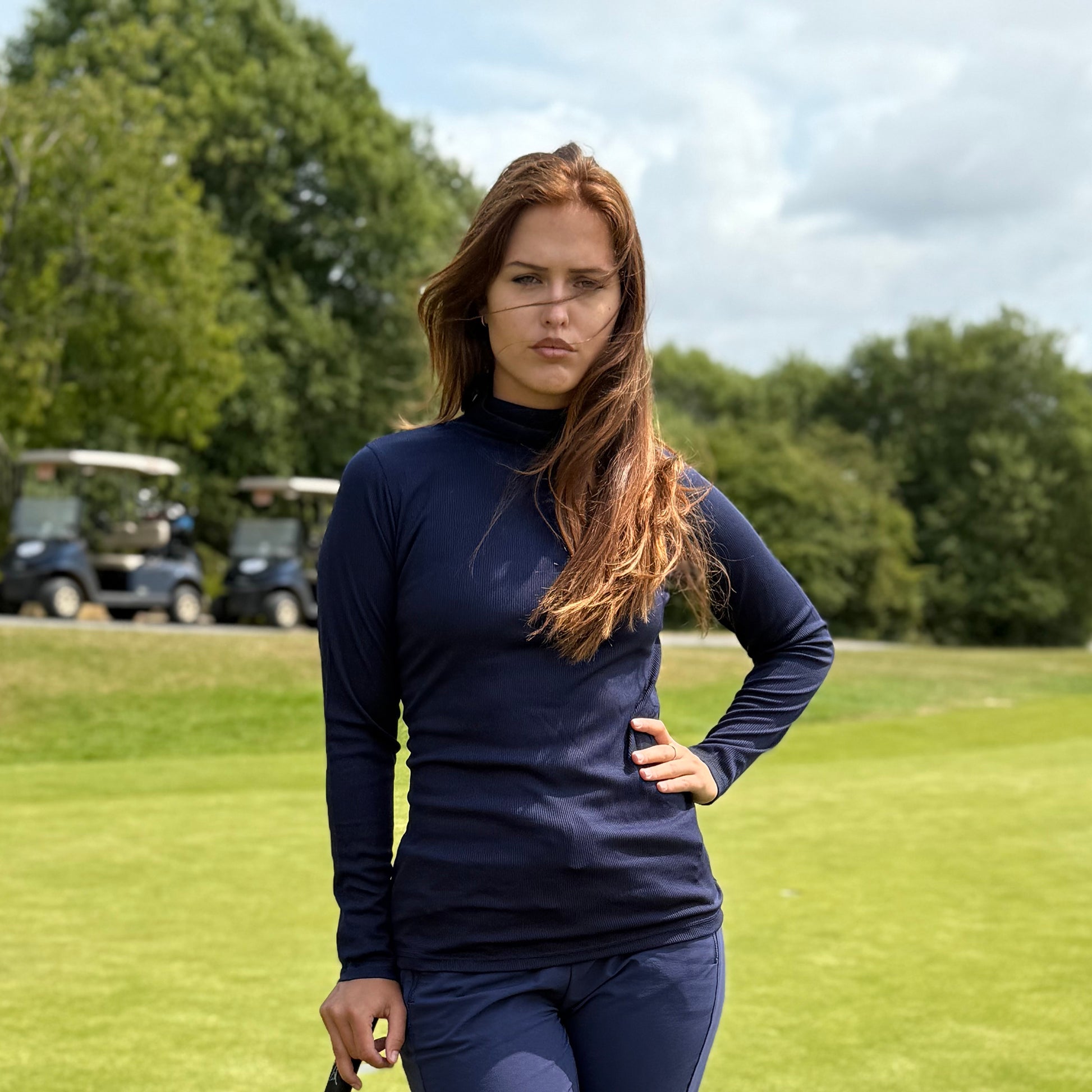 Swing Out Sister Ladies Soft-Stretch Ribbed Roll Neck in Navy